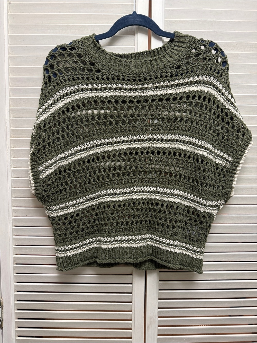 American Eagle Outfitters Olive & Cream Open-Knit Striped Poncho Sweater